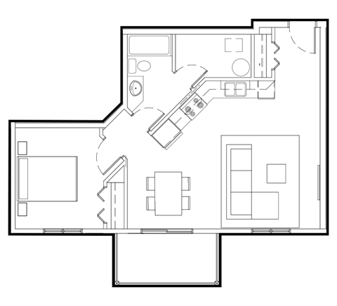 Floor plan for 1 bed, 1 bath